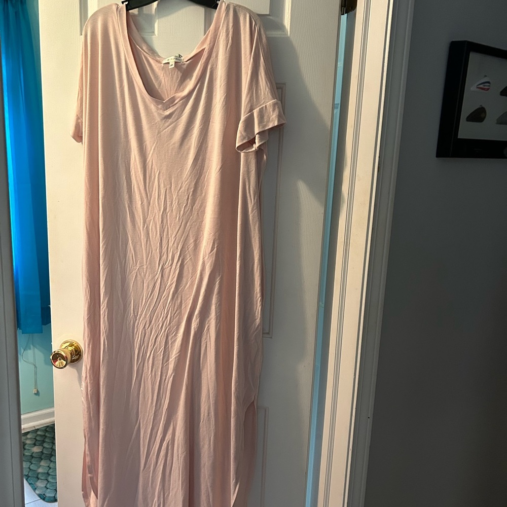 Light Pink tshirt maxi dress with dolphin hem slits and back dart